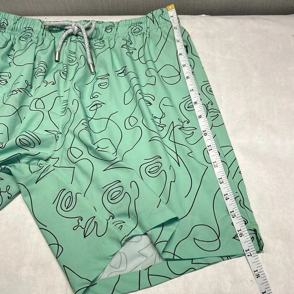 YoungLA Mint Green Abstract Face Line Art Swim Shorts Sz Large *NO MESH LINING*